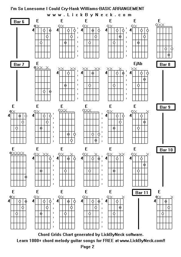 Chord Grids Chart of chord melody fingerstyle guitar song-I'm So Lonesome I Could Cry-Hank Williams-BASIC ARRANGEMENT,generated by LickByNeck software.